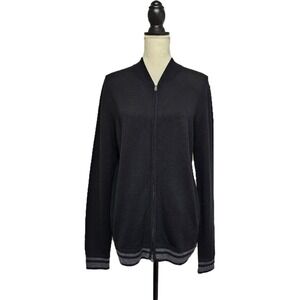 Autumn Cashmere Merino Wool Blend Black Gray Stripe Full Zip Bomber Jacket‎ Sz M